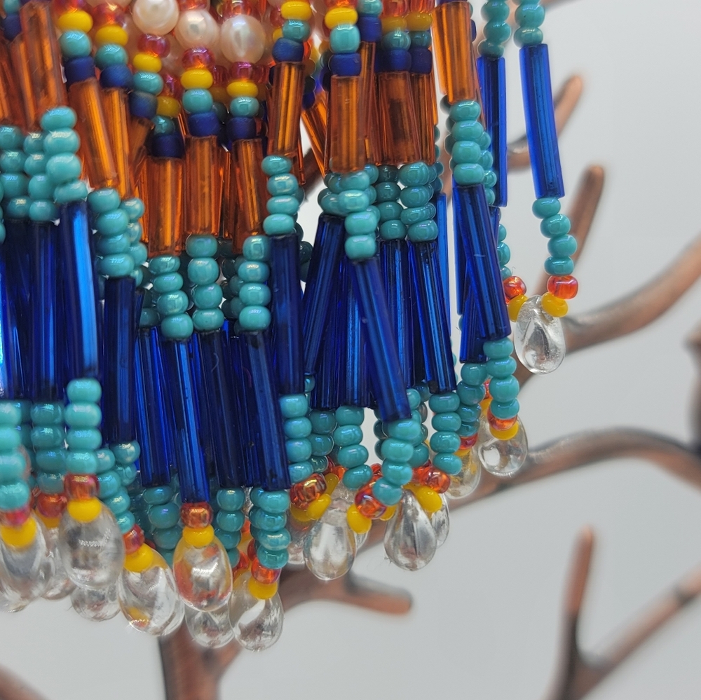 Artisan Beaded Crescent Fringe Brooch Glass Bead Statement Orange Blue Turquoise - Picture 7 of 13